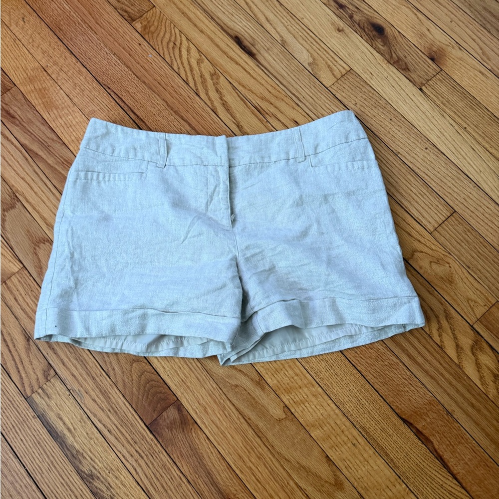 🎯Apt. 9 Linen Shimmer Shiny coastal High Rise Bermudas khaki Cream Shorts Sz 14
